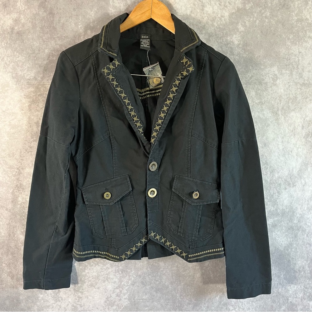 Aziz Jacket Women Medium M Black & Gold Button Coat Embroidered Collared Pockets